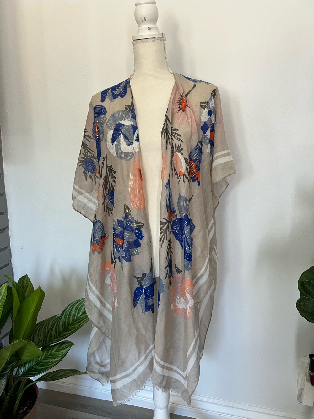 Woven Heart Floral Sheer Kimono Coverup in Beige, Blue & Coral